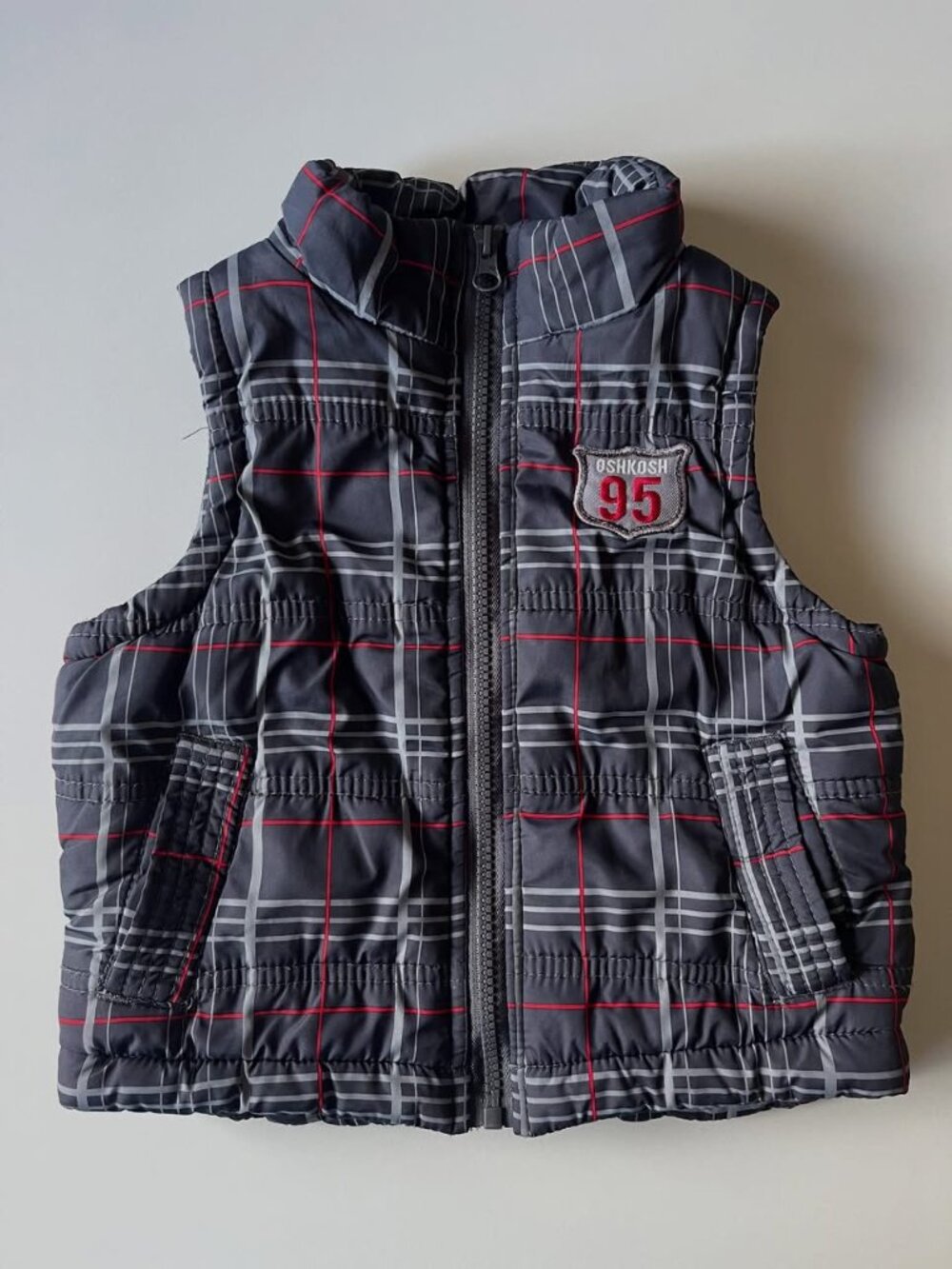 Toddler Boys, 3T, fleece lined grey/red plaid puffer vest, Oshkosh, outerwear